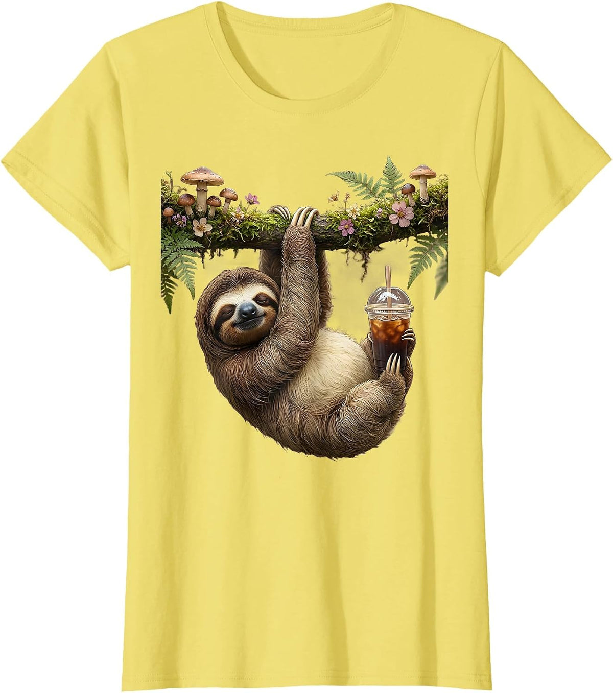 Women's Sloth Iced Coffee Lover Funny Lazy Day Gift T-Shirt - Lemon Yellow