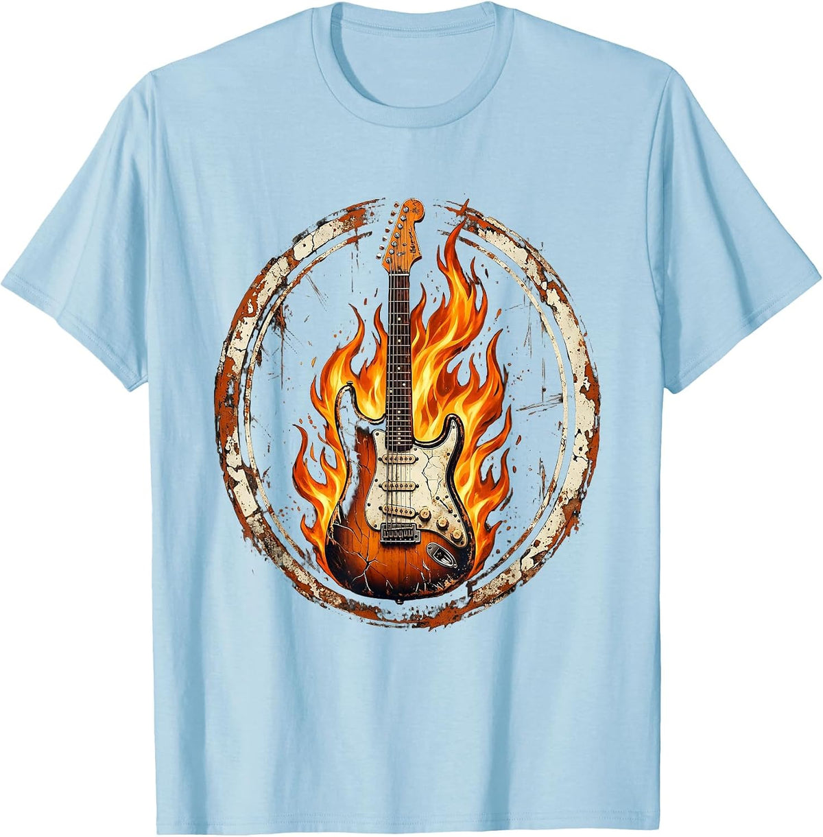 Men's Vintage Rock Electric Guitar Engulfed in Flames T-Shirt - Baby Blue