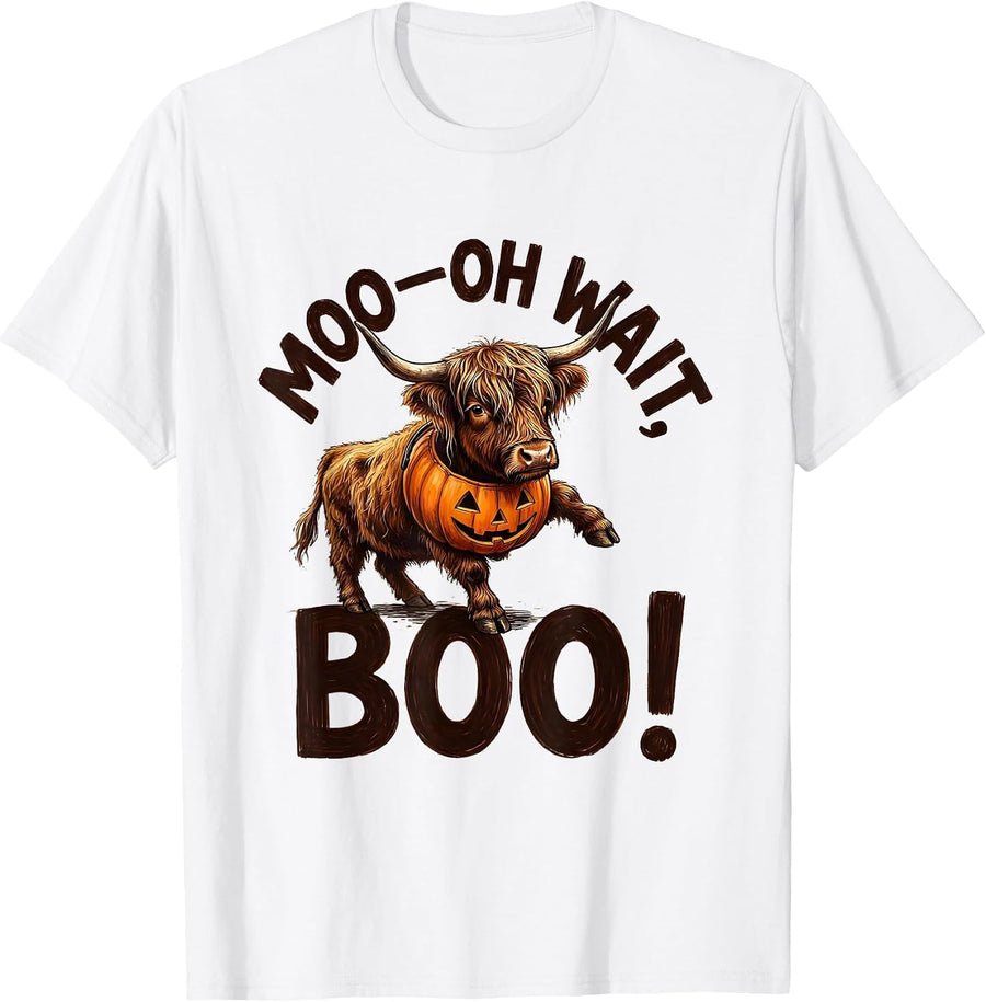 Men's Moo—Oh Wait, Boo! Whimsical Highland Cow Halloween Humor T-Shirt - White