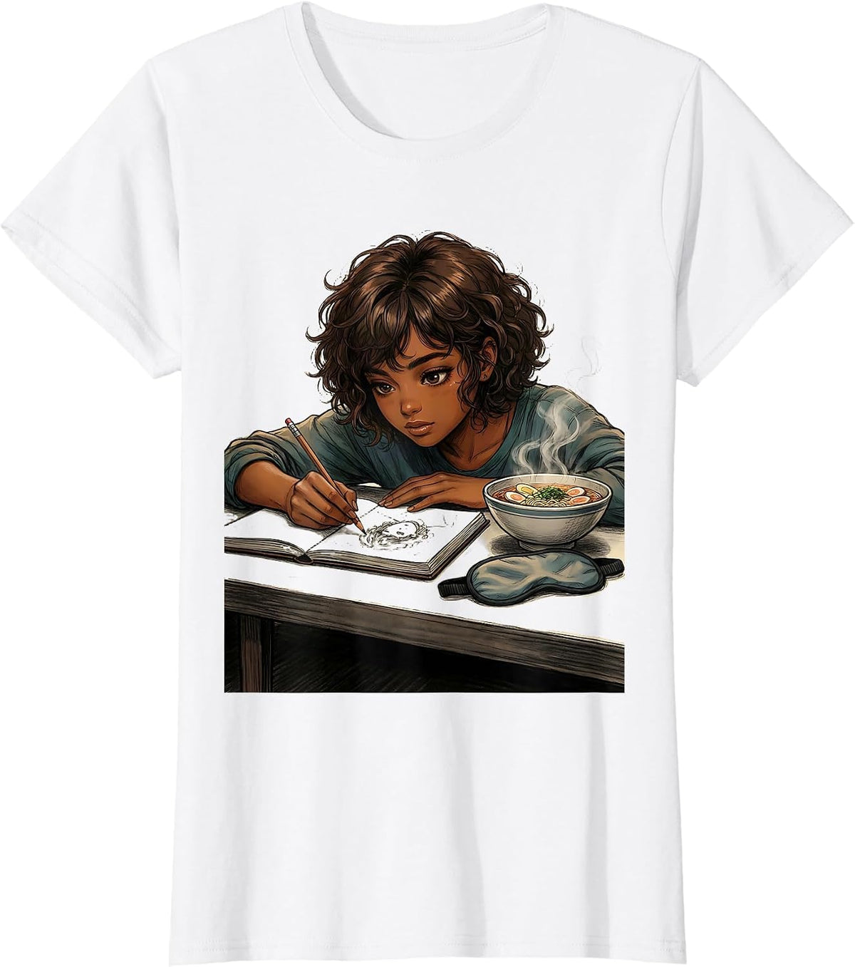 Anime Girl Afro Sketching Ramen Art Lover T-Shirt - White