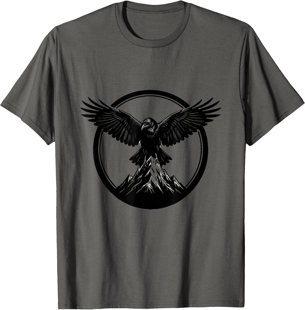 Crow With Spread Wings Over Mountain Peak T-Shirt - Asphalt Grey