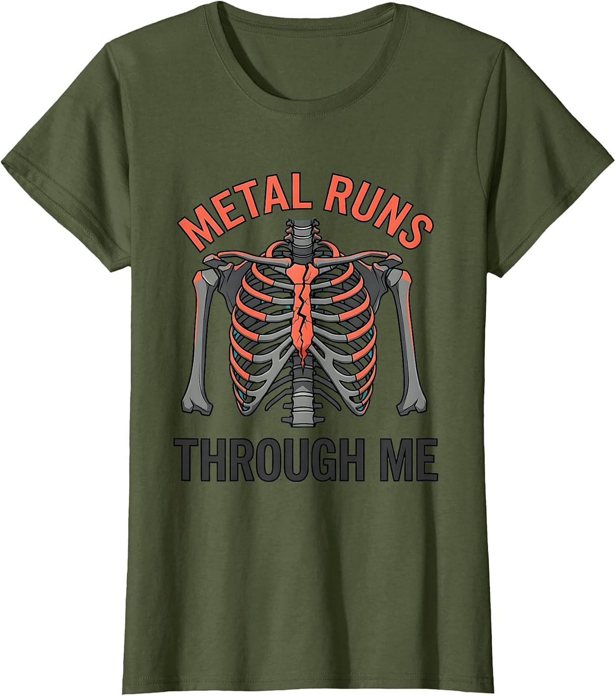 Women's Metal Runs Through Me Rock Music Graphic Design T-Shirt - Olive Green