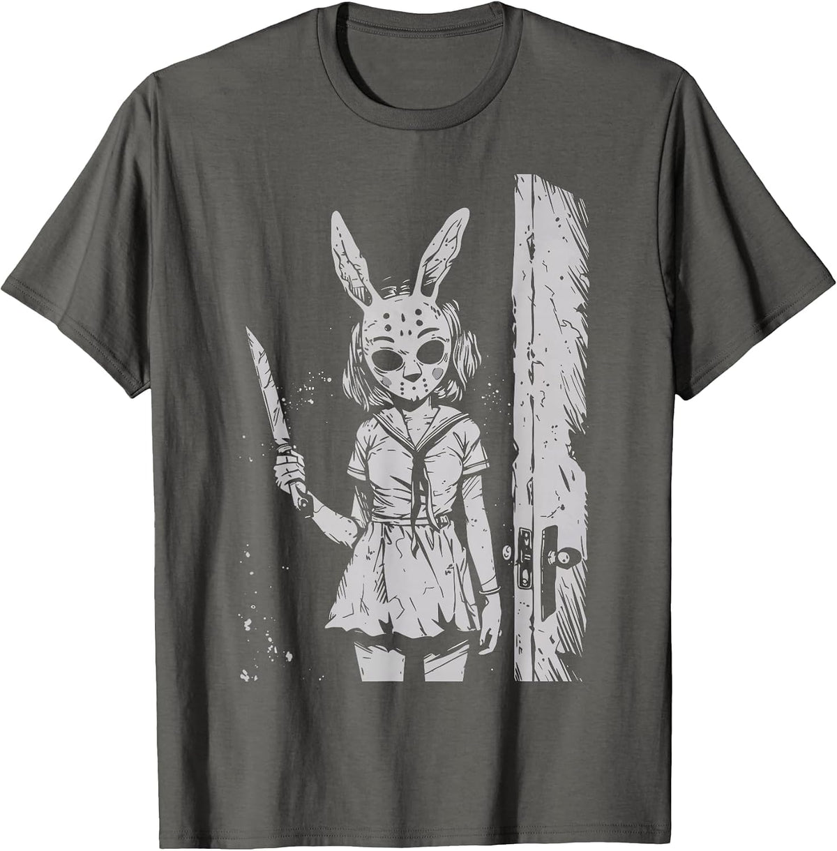 Horror Bunny Mask Girl Rabbit Alt Goth Slasher Creepy Anime T-Shirt - Asphalt Grey