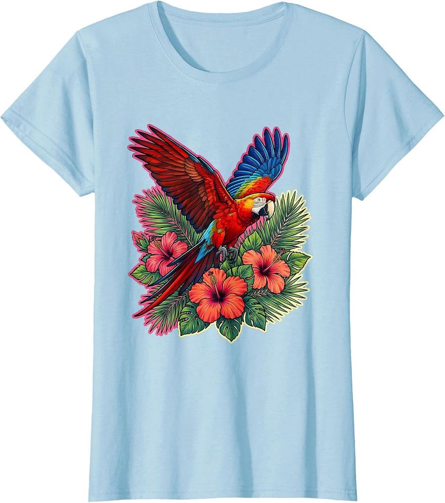 Women's Macaw in Flight Over Jungle Canopy Hawaiian T-Shirt - Baby Blue