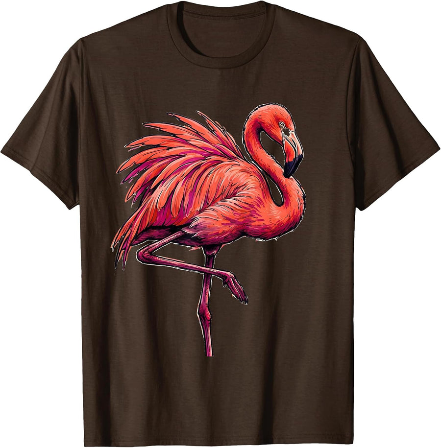 Flamingo Preening Marker Outline Funny Bird Humor T-Shirt - Brown