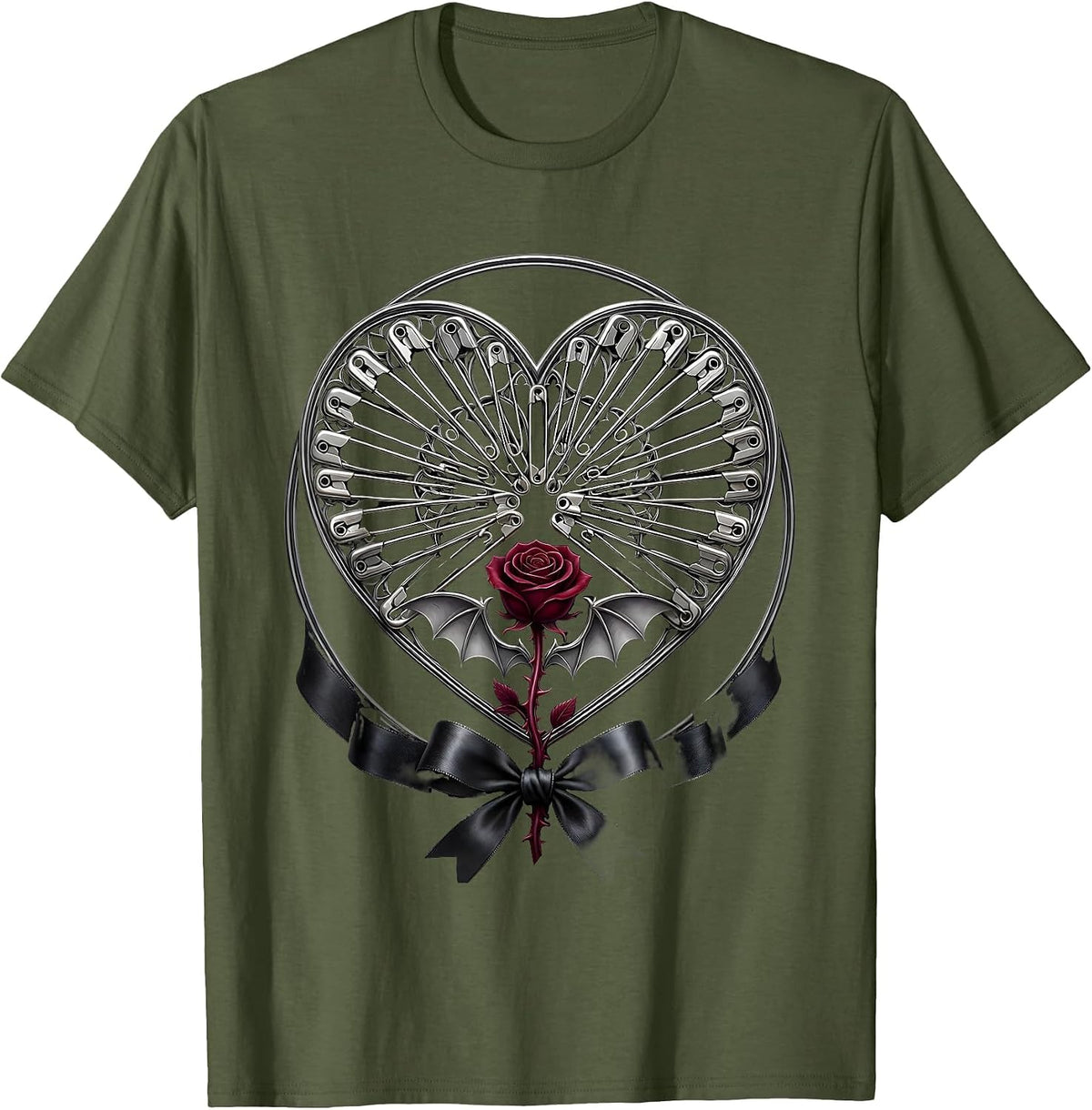 Safety Pin Heart Punk Rock Graphic Tee T-Shirt - Olive Green