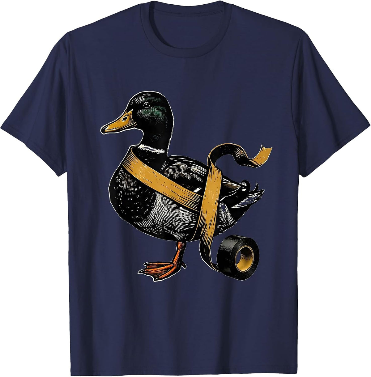 Men's Duck Tape Humor Linocut Funny Novelty Gift T-Shirt - Navy Blue