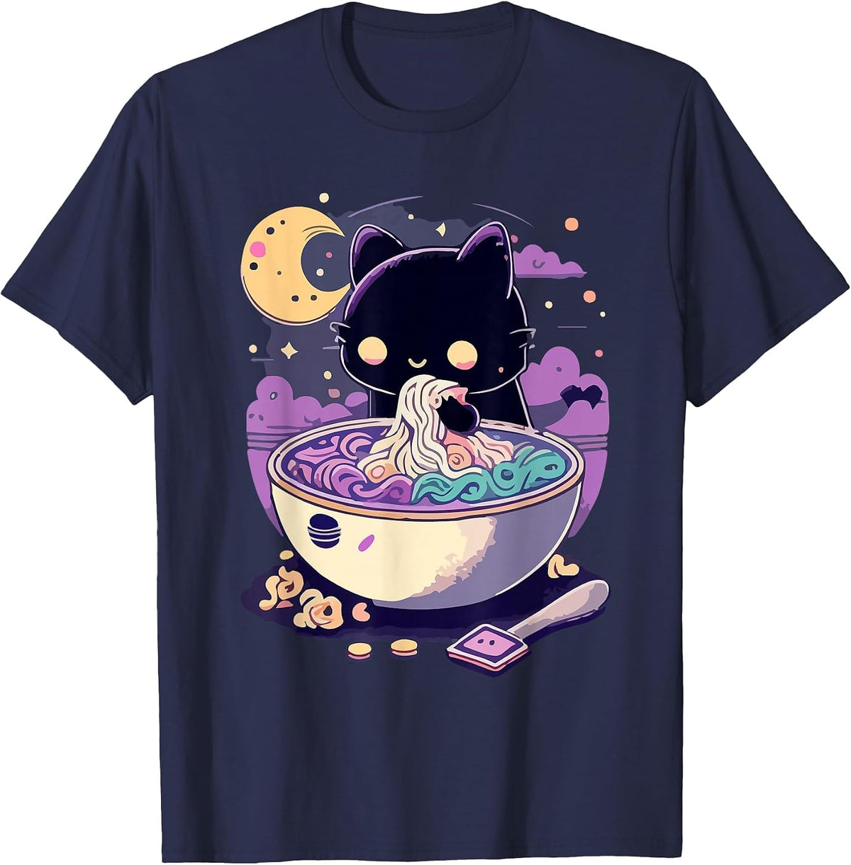 Creepy Kawaii Cat Eating Ramen Noodles Pastel Goth Aesthetic T-Shirt - Navy Blue