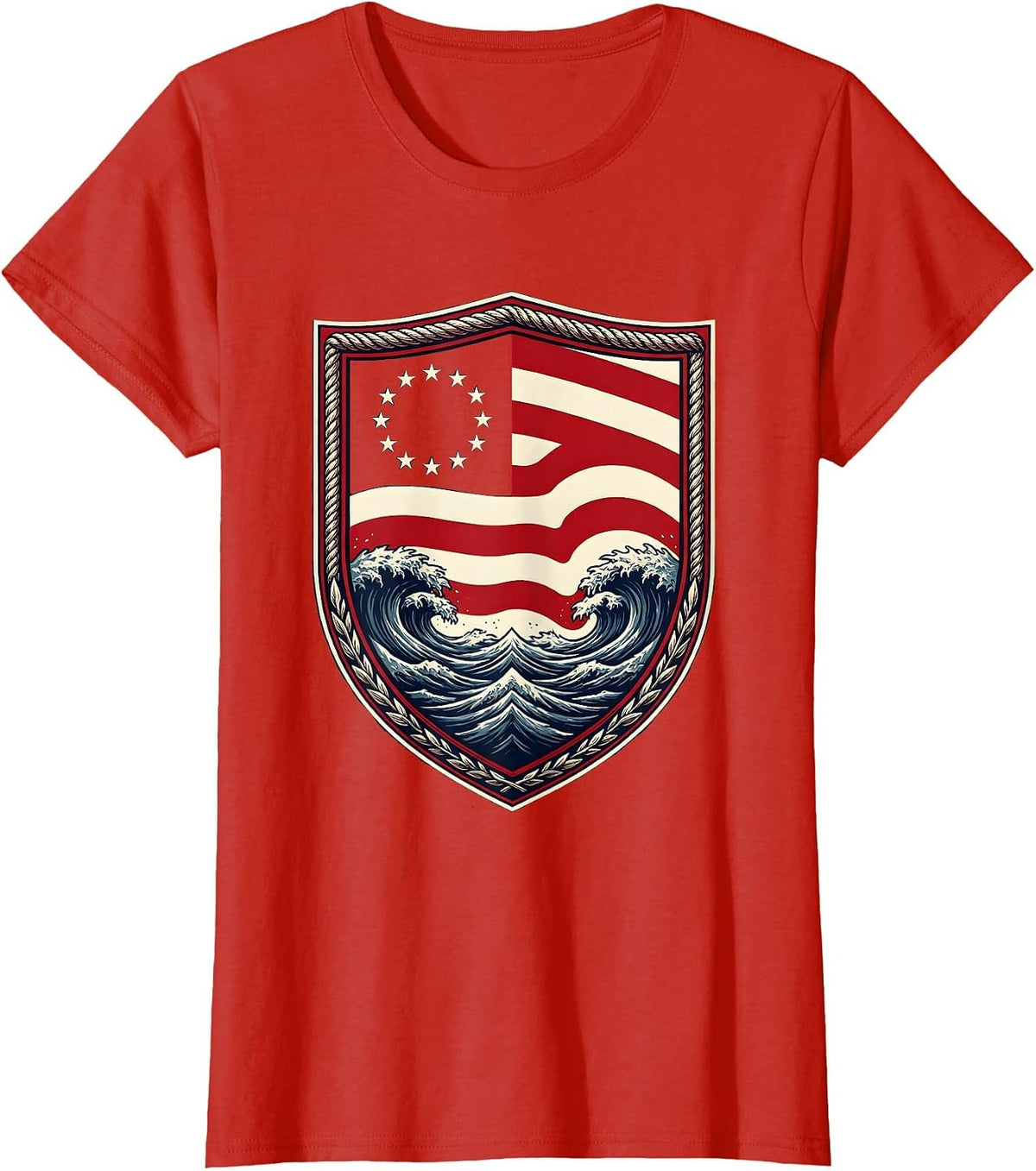 American Flag Stripes Melting Into Ocean Waves T-Shirt - Red