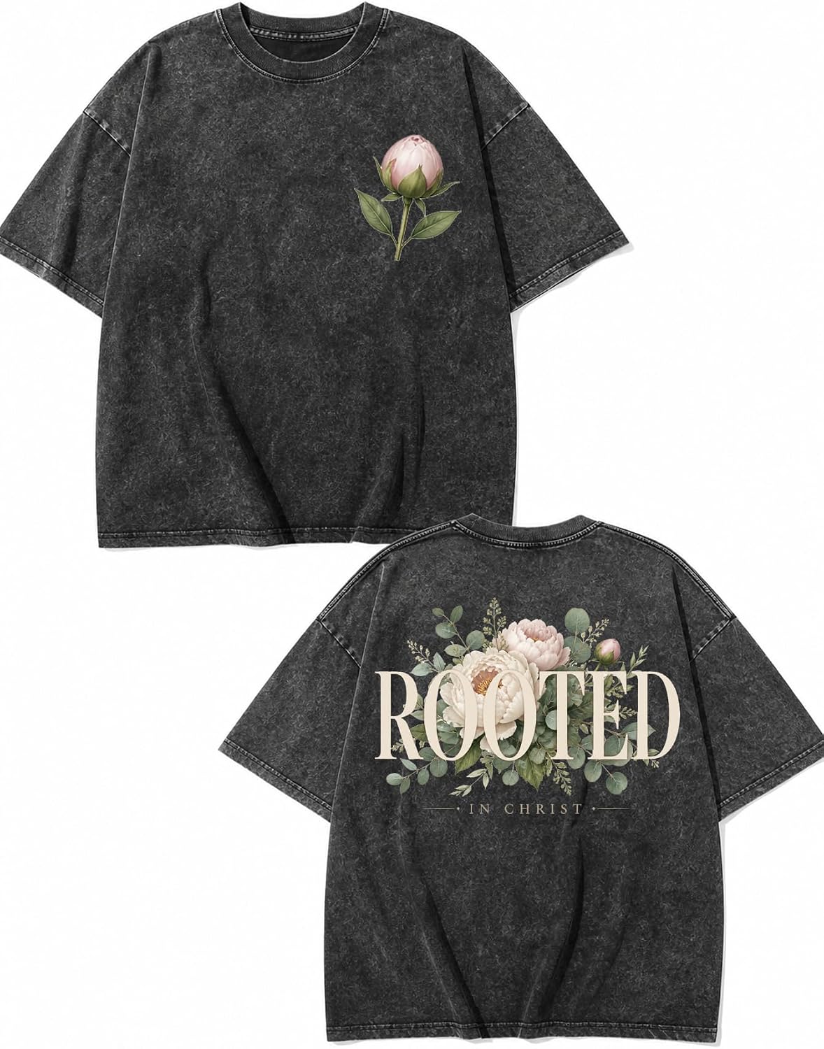 Men Oversized Acid Wash Christian Graphic Tee Faith Floral Soft Tee - Black Rooted Christ