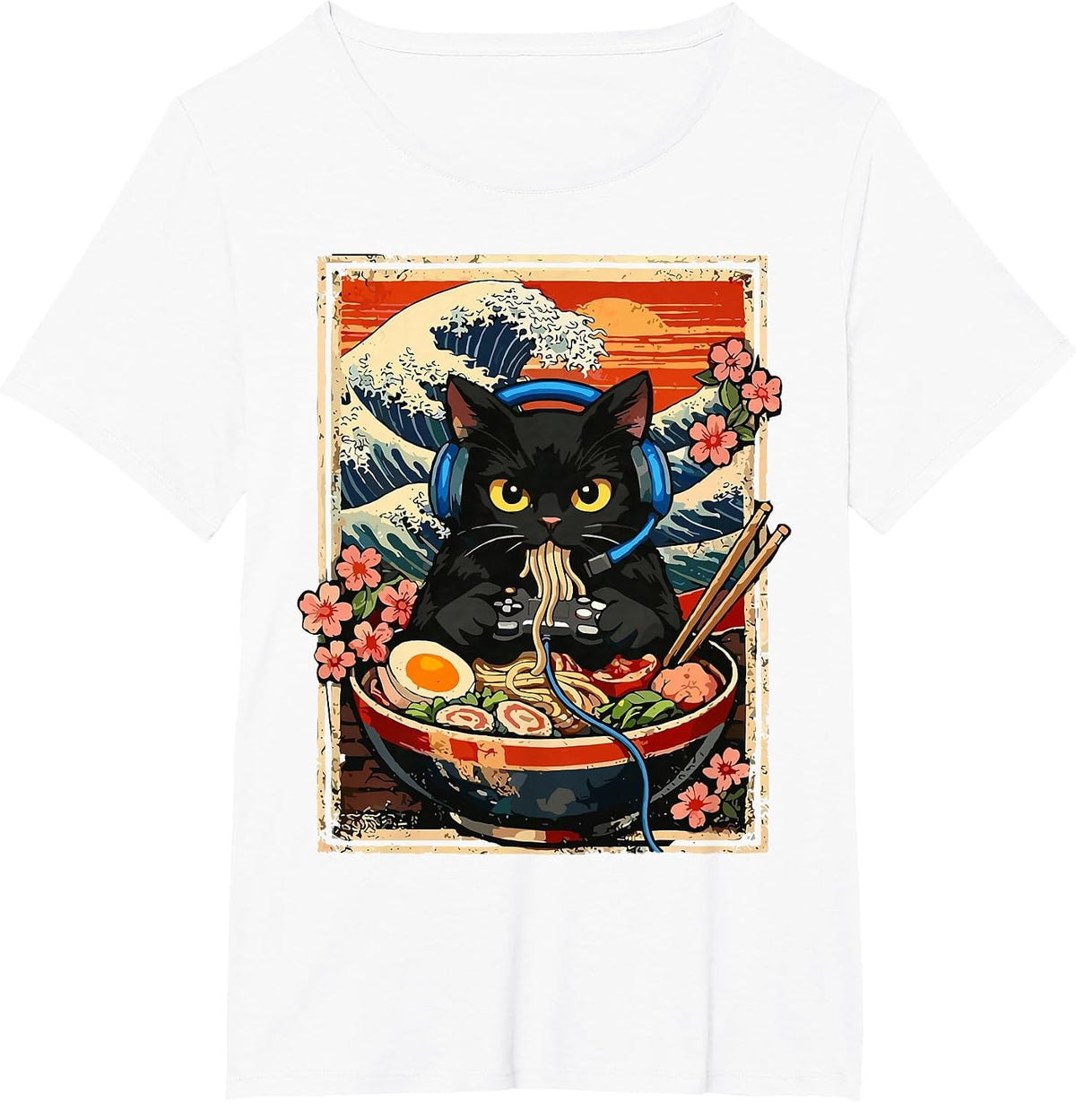 Kawaii Gamer Cat Eating Ramen T-Shirt - White