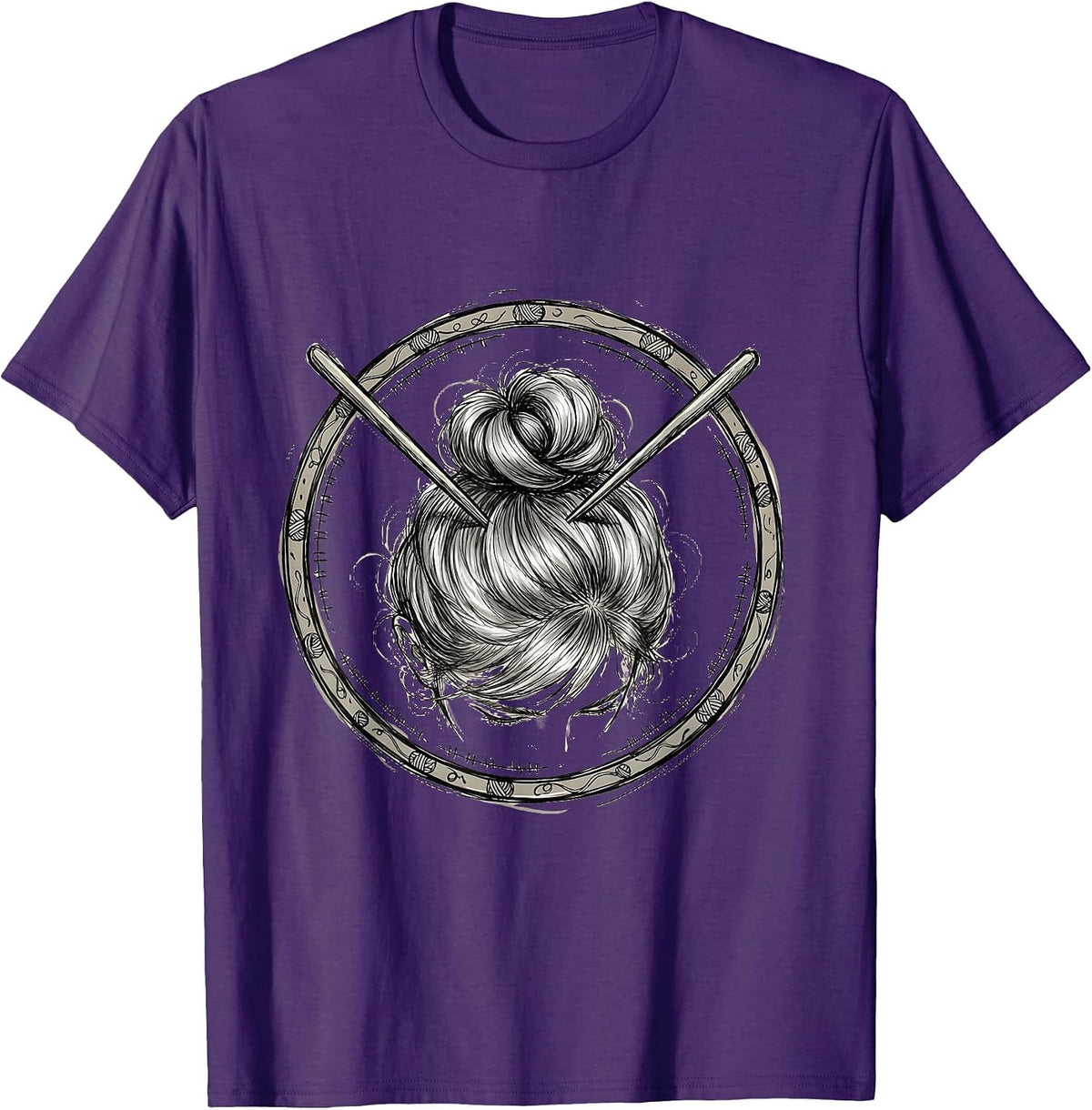 Nana Knitting Silver Bun Illustration T-Shirt - Purple