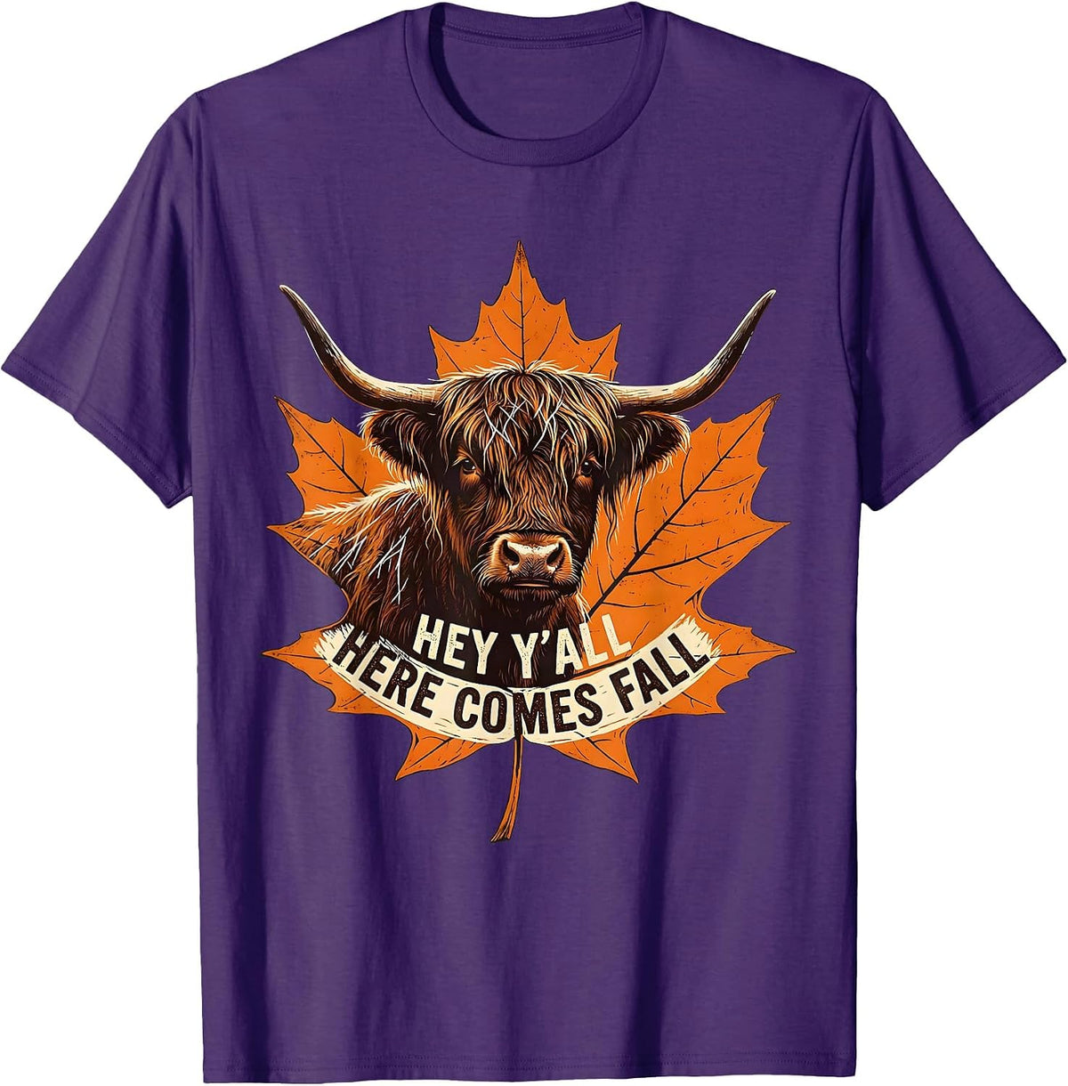 Hey Y'all, Here Comes Fall Highland Cow Cozy Autumn Humor T-Shirt - Purple