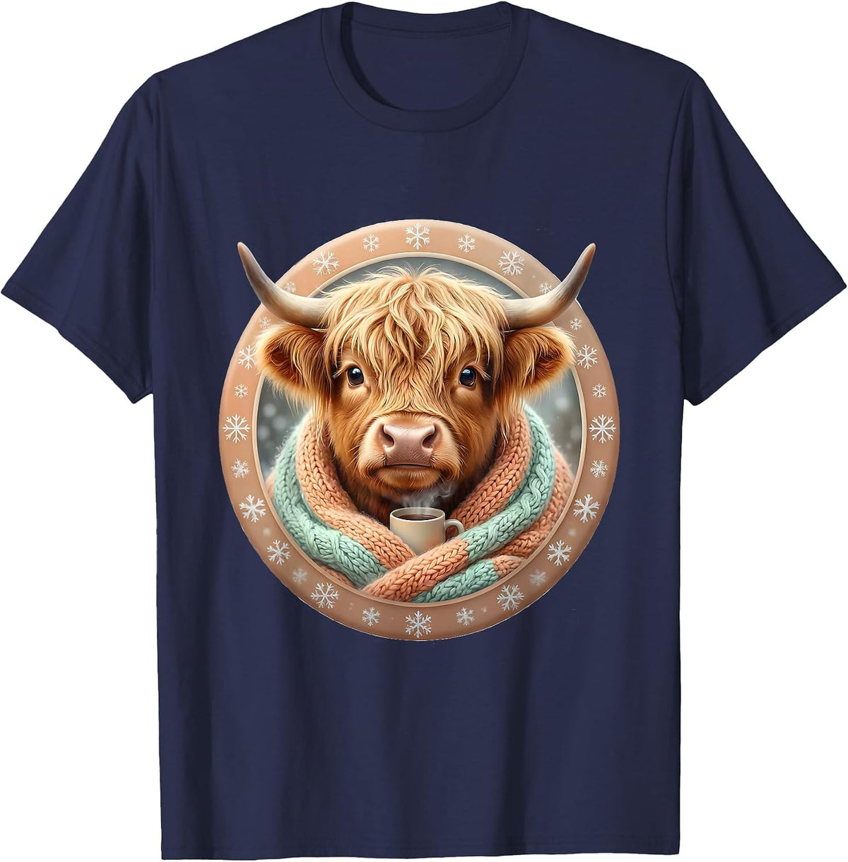 Men's Cute Kawaii Highland Cow Christmas Cozy Gift T-Shirt - Navy Blue