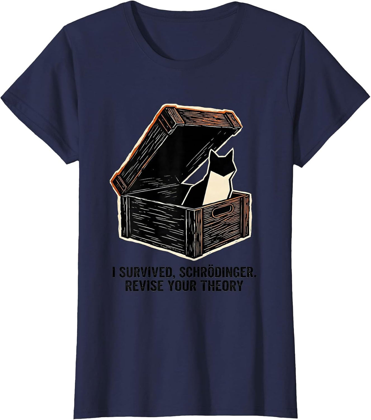 Women's I Survived, Schrödinger. Revise Your Theory Science Teacher T-Shirt - Navy Blue