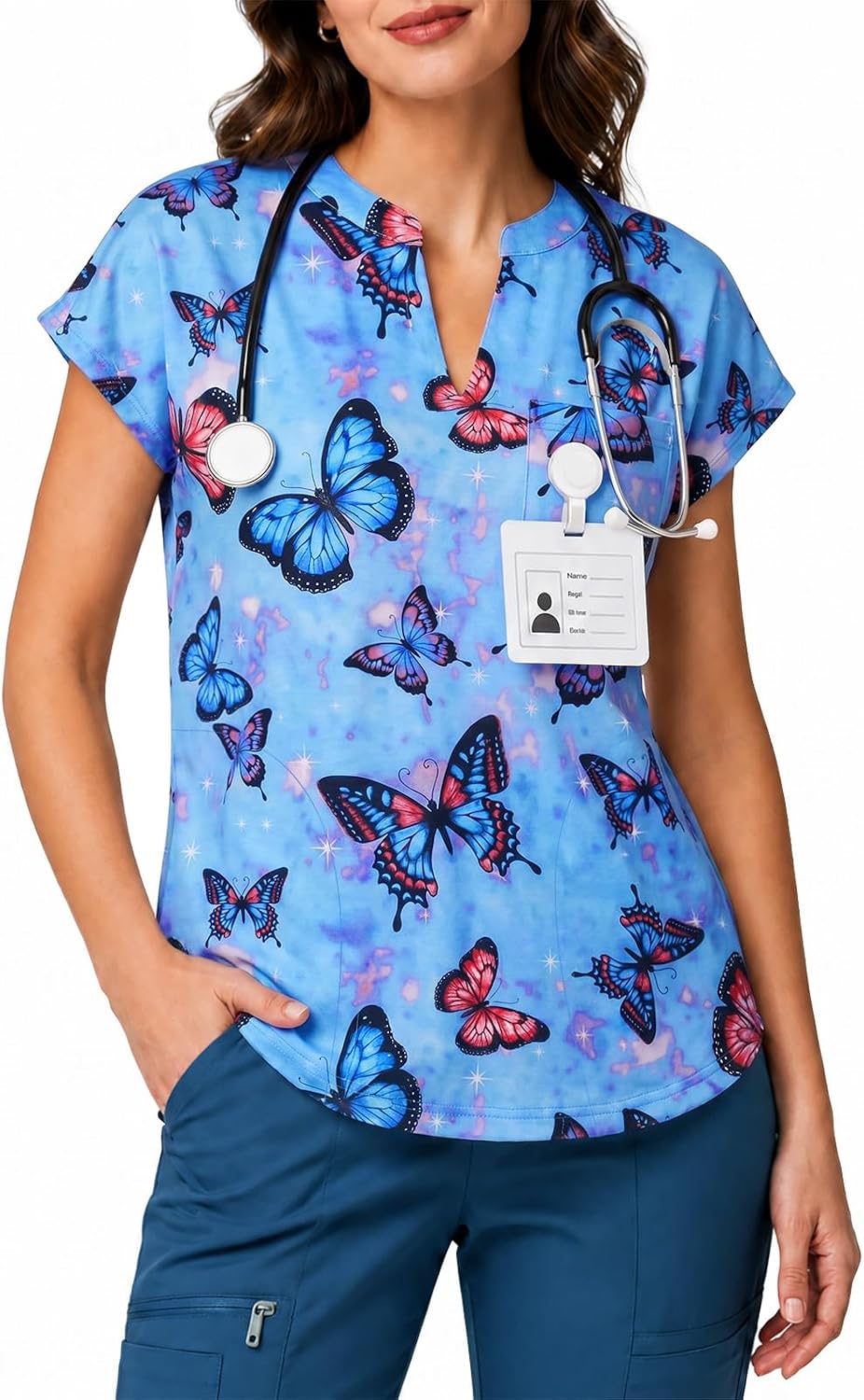 Yousify Scrubs for Women V Neck Printed Scrub Tops - Blue