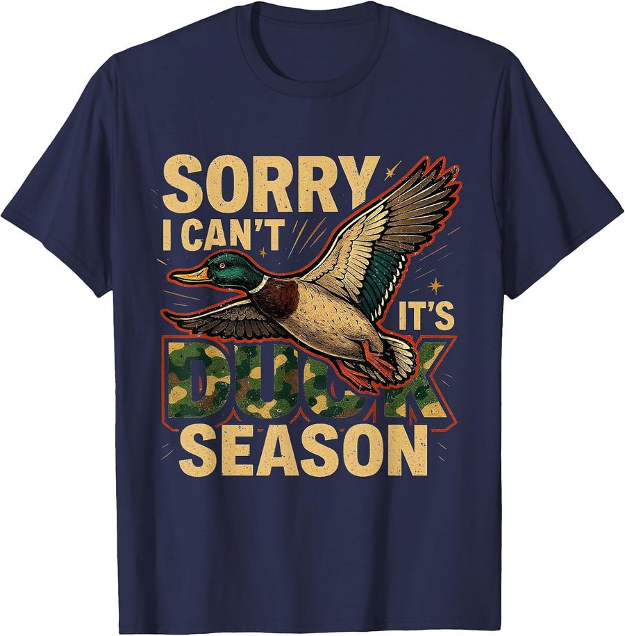 Sorry I Can’t It’s Duck Season Vintage Hunting Art T-Shirt - Navy Blue