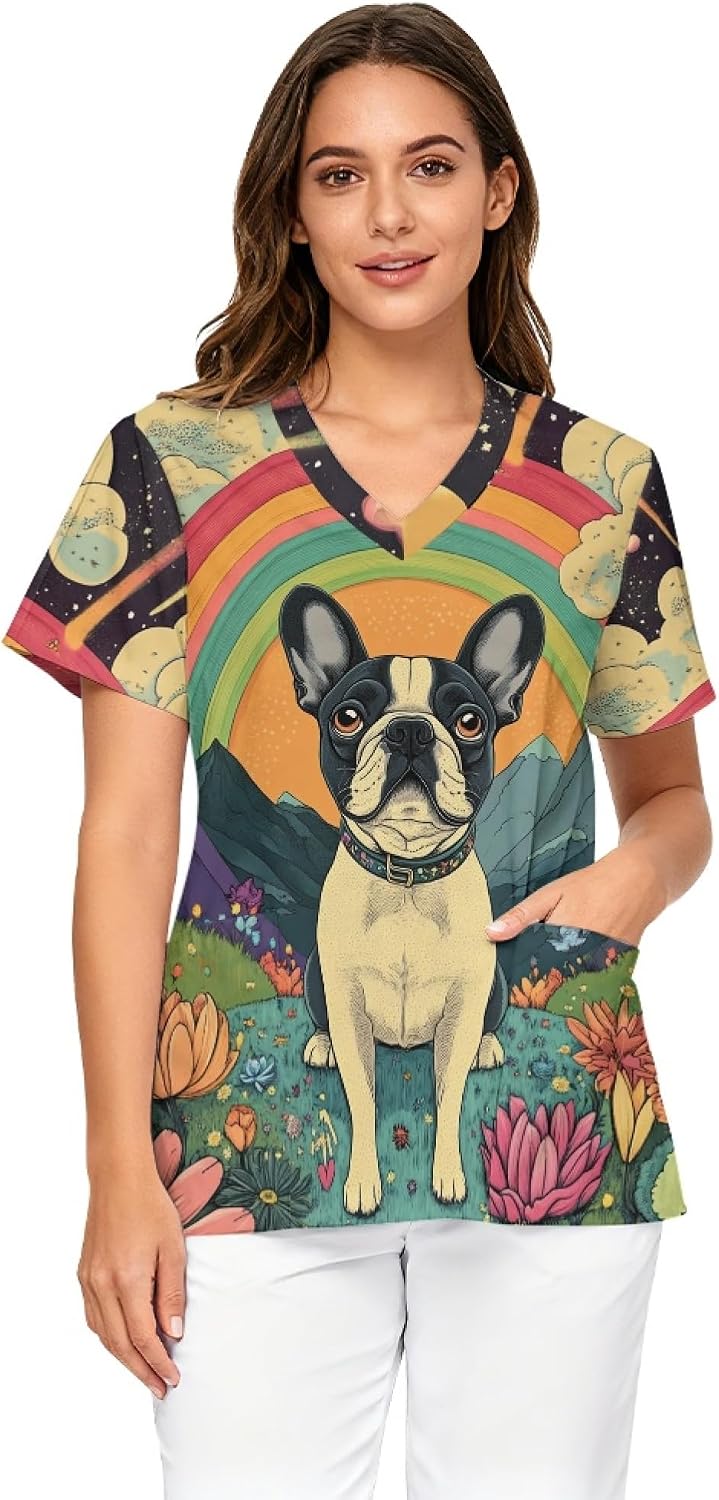 Hawapod Medical Work Top V Neck Short Sleeve Scrub tee for Women - French Bulldog Flower