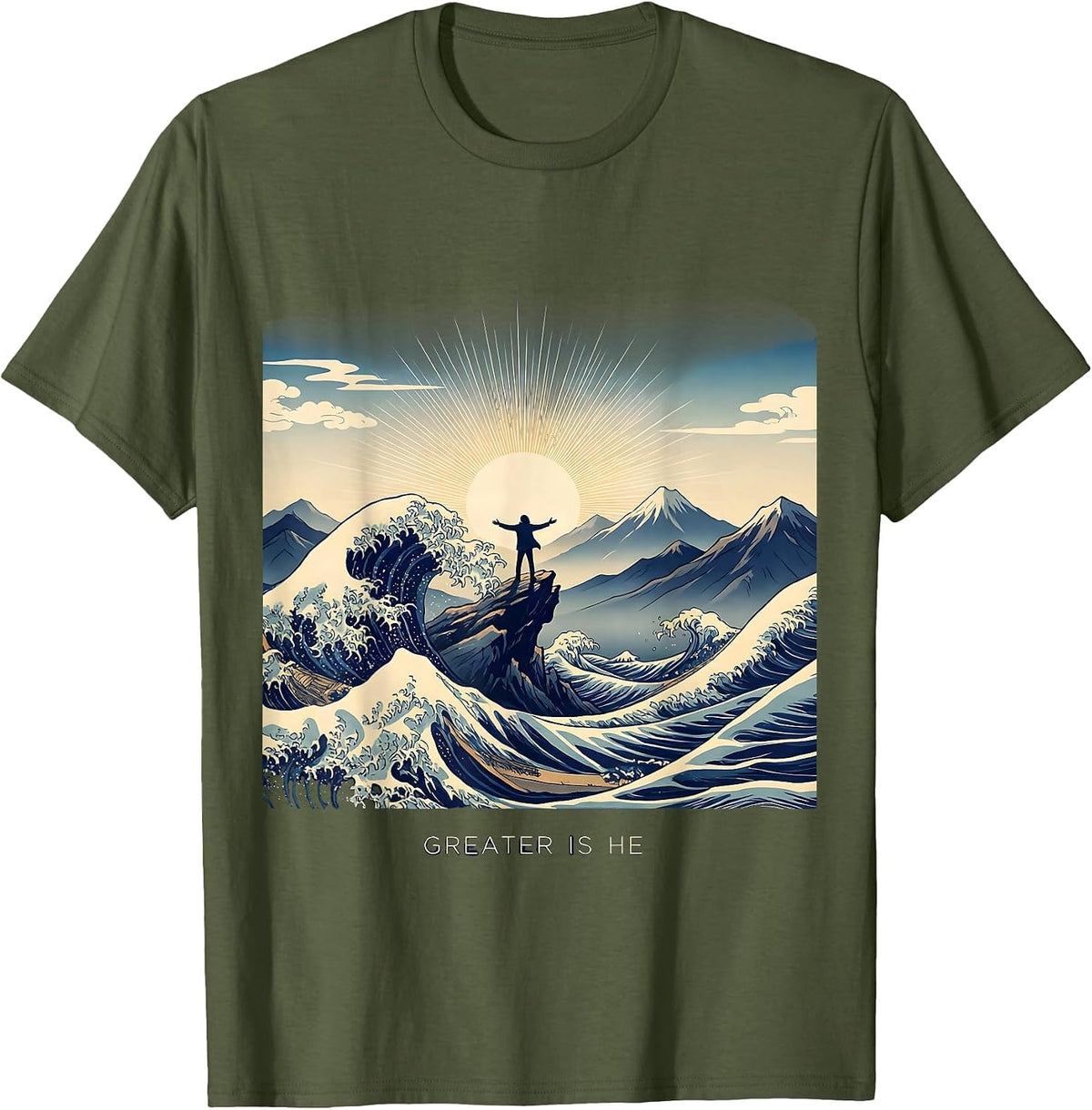 Men's Greater Is He Faith Over Fear Inspirational Design T-Shirt - Olive Green