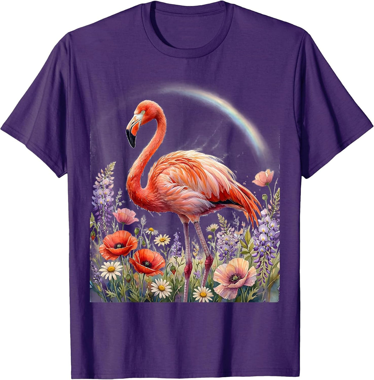 Flamingo in Flower Field Rainbow Arc Graphic T-Shirt - Purple