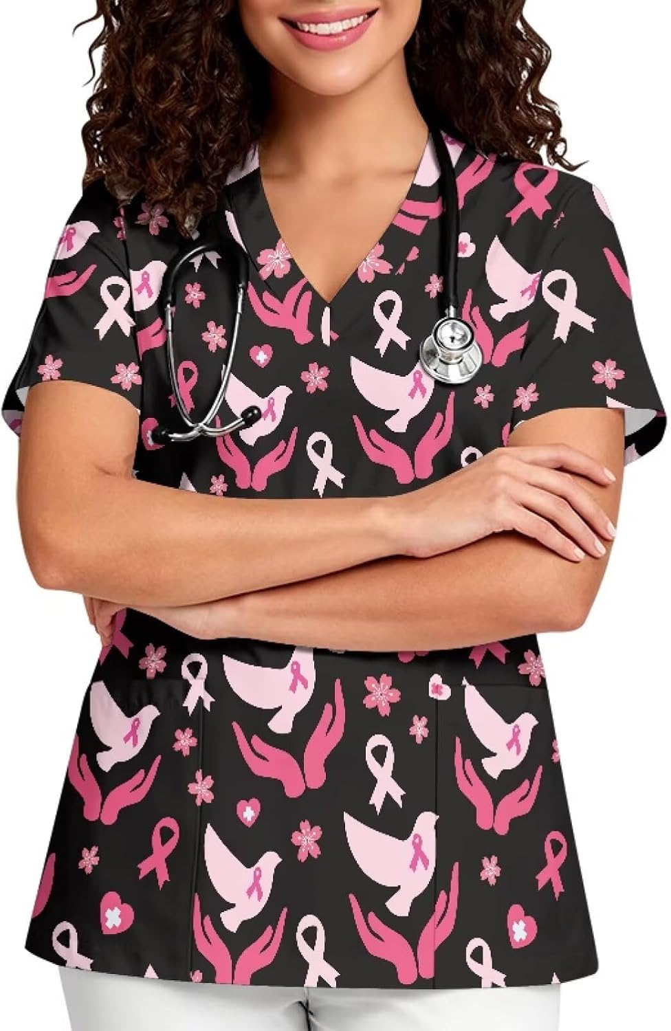 PinUp Angel Stylish V-Neck Cute Graphic Scrub Top for Women Short Sleeve with Pockets for Clinical Hospital Medical Use -
