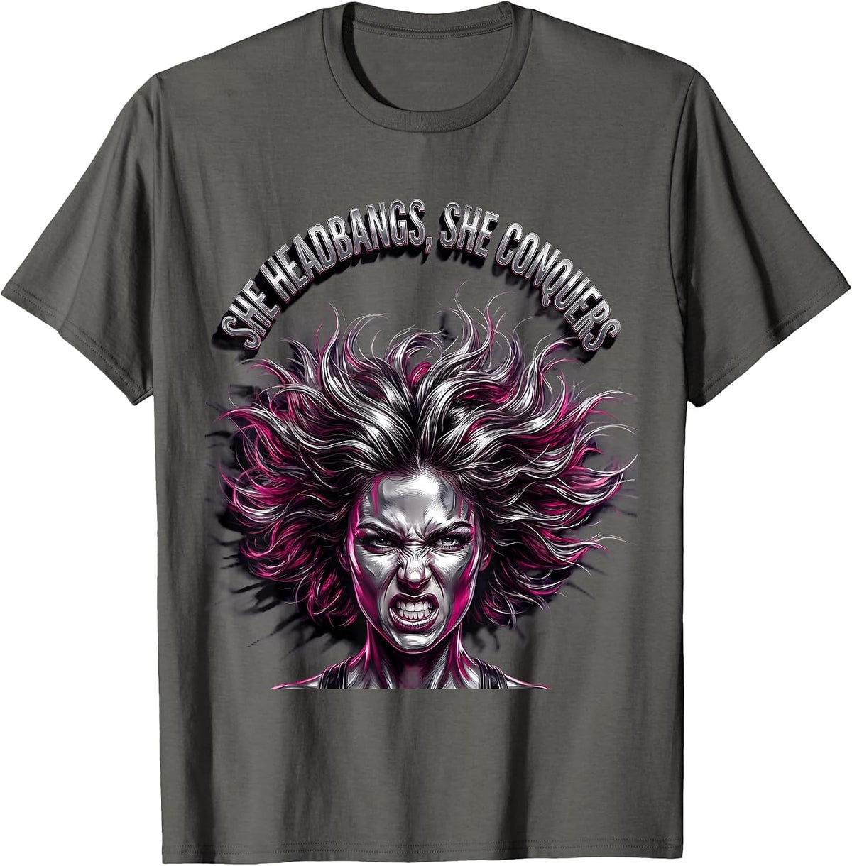 She Headbangs She Conquers Rock N Roll Design T-Shirt - Asphalt Grey