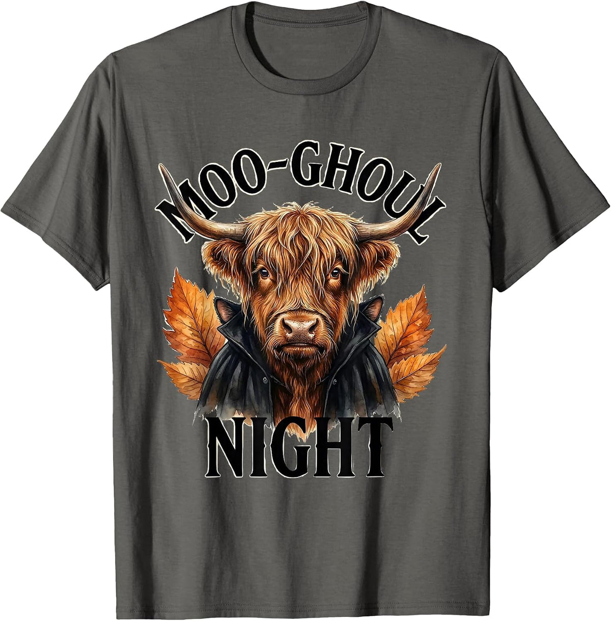 Men's Moo-ghoul Night Whimsical Highland Cow Halloween Fall T-Shirt - Asphalt Grey