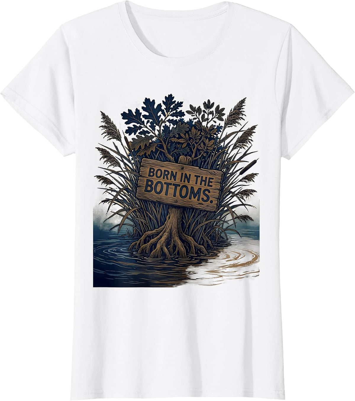 Born in the Bottoms Bottomland Camo Design T-Shirt - White