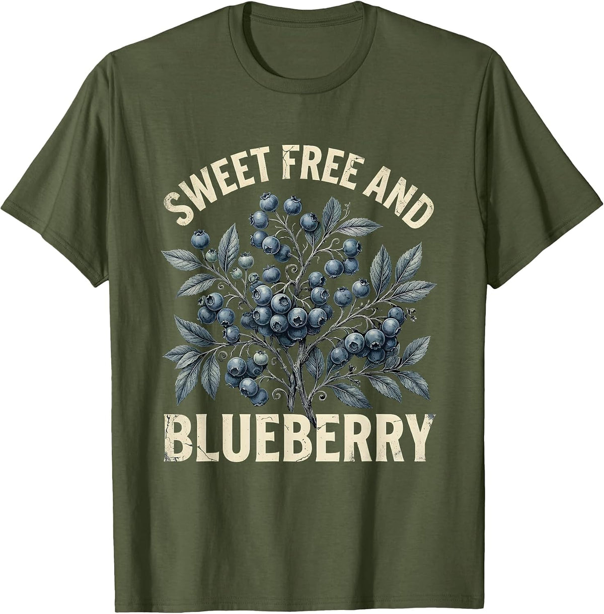Sweet Free and Blueberry Red White and Blue Design T-Shirt - Olive Green