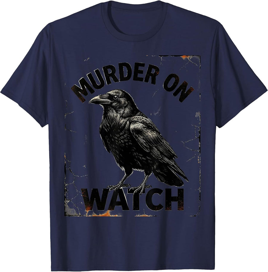 Murder On Watch Distressed Crow Dark Humor Gothic Bird Lover T-Shirt - Navy Blue