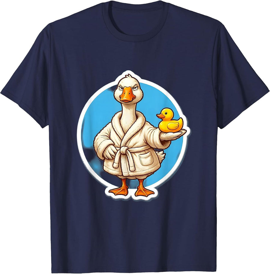 Silly Goose in Bathrobe with Rubber Duck T-Shirt - Navy Blue