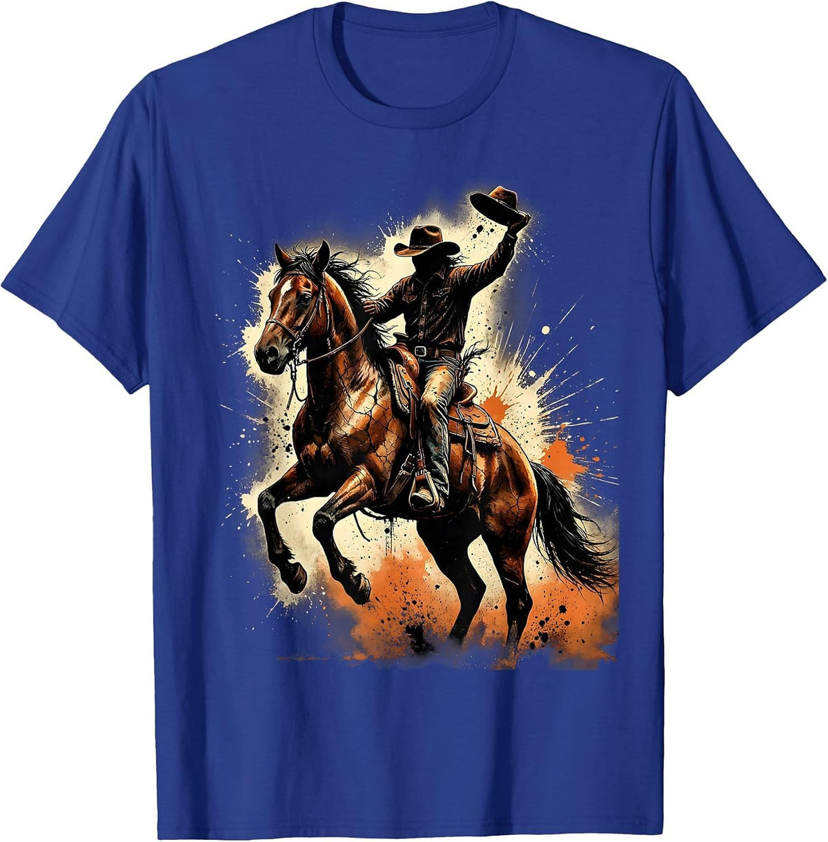 Cowboy Riding Bucking Bronco Rodeo Graphic T-Shirt - Royal Blue