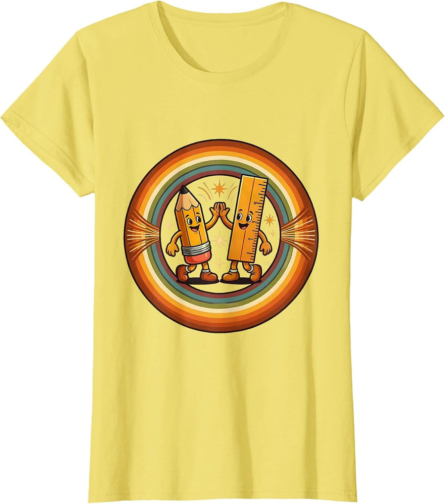 Women's Happy To See Your Face Excited Pencil Ruler High Five T-Shirt - Lemon Yellow