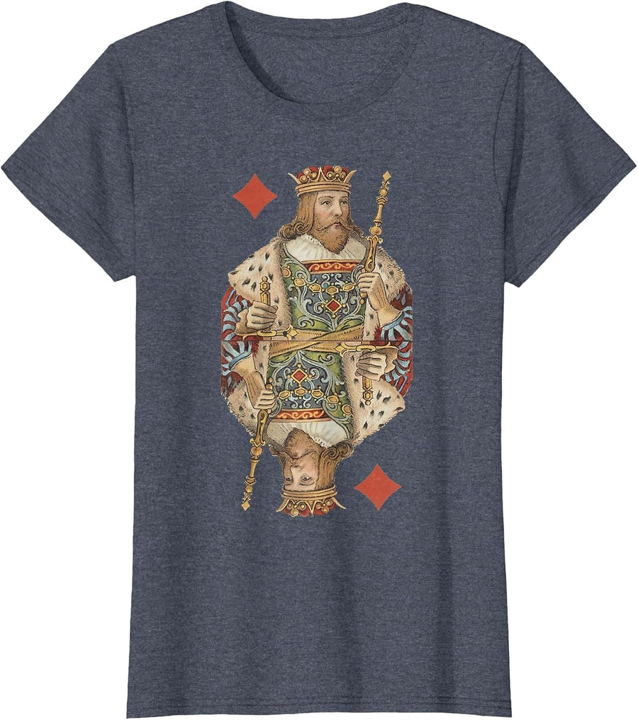King of Diamonds Antique Art Nouveau Playing Card Art T-Shirt, Women, Heather Blue, X-Large - As Pictured