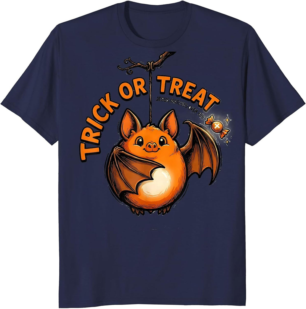 Trick Or Treat Jesus Watches Over You Faith-Over-Fear Humor T-Shirt - Navy Blue