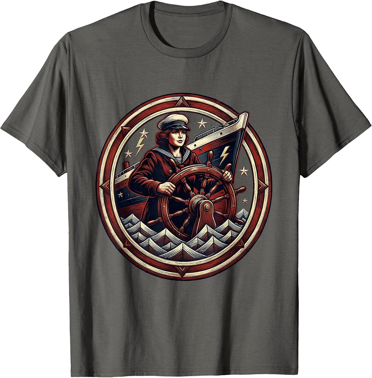 Labor Day Sailor Steering Ship Through Storm T-Shirt - Asphalt Grey