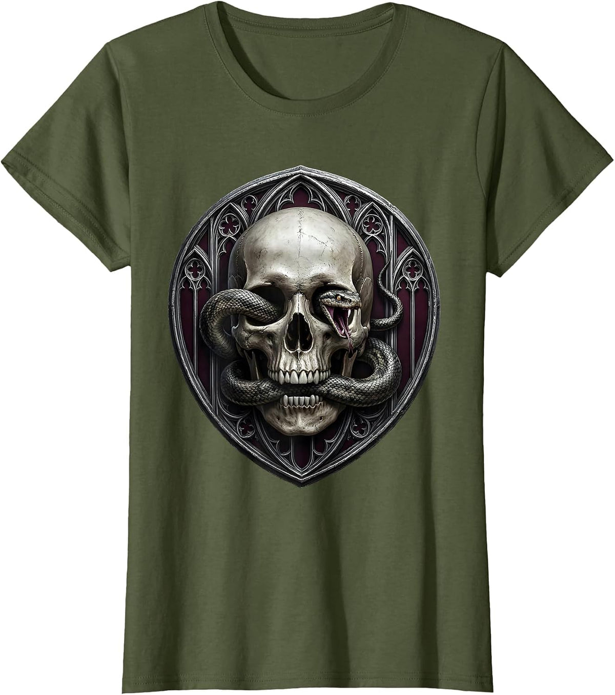 Women's Snake and Skull Gothic Dark Art Design T-Shirt - Olive Green