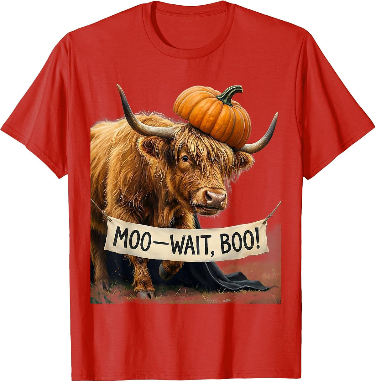 Men's Moo—Wait, Boo! Storybook Highland Cow Halloween Costume T-Shirt - Red