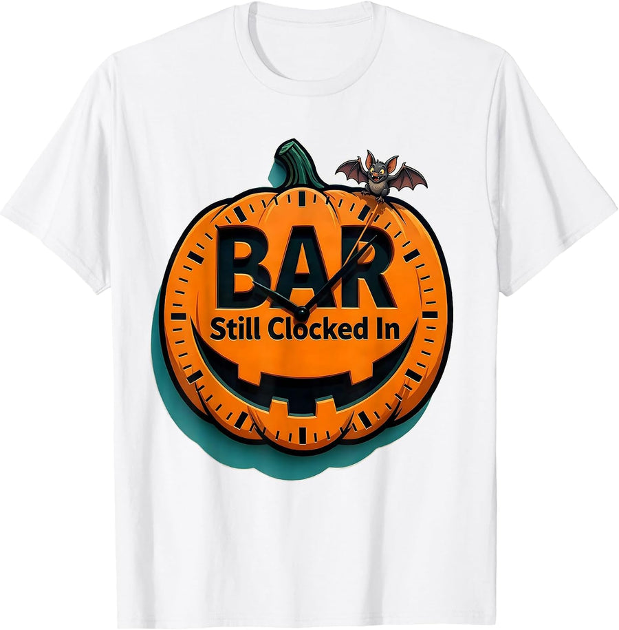Men's BAR Still Clocked In Cartoon Vet Tech Halloween Humor T-Shirt - White