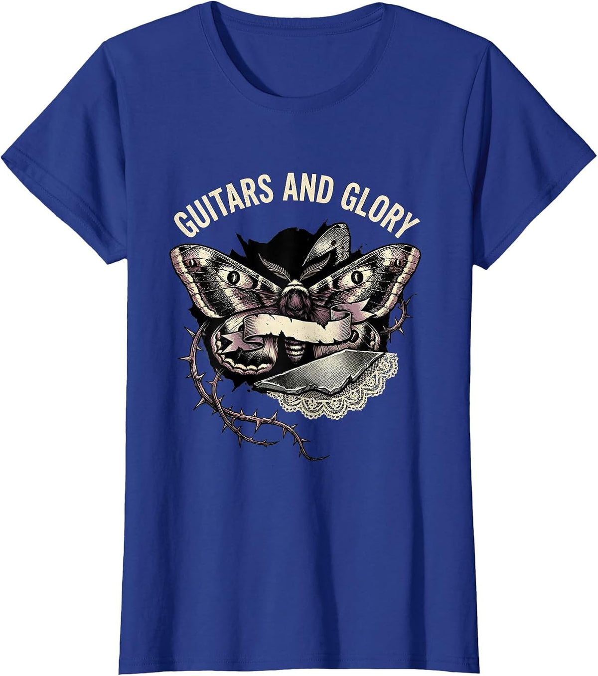 Women's Guitars and Glory 80s Rock Band Design T-Shirt - Royal Blue