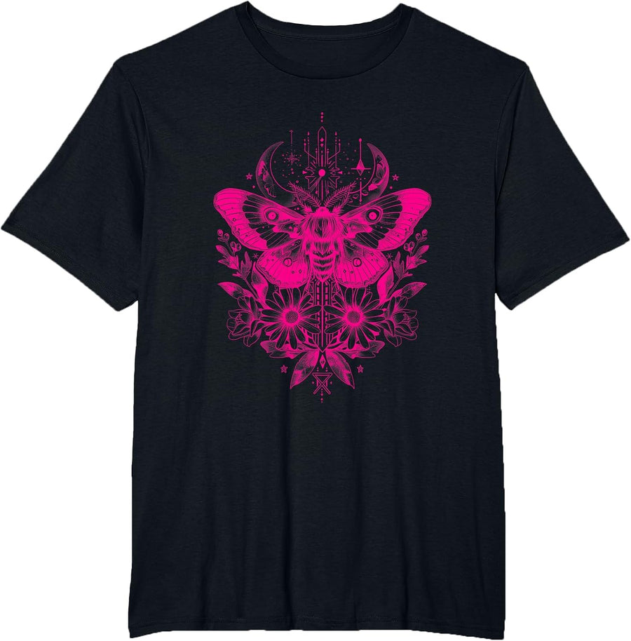 Death Moth Goth Gothic Witch Occult Wicca Hot Pink Black T-Shirt - Black