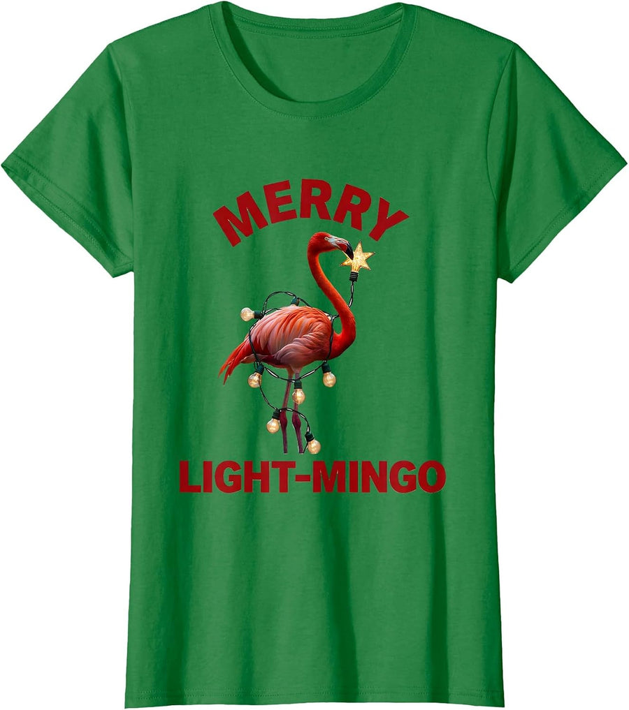 Women's Merry Light-Mingo Funny Flamingo Cactus Christmas in July T-Shirt - Kelly Green