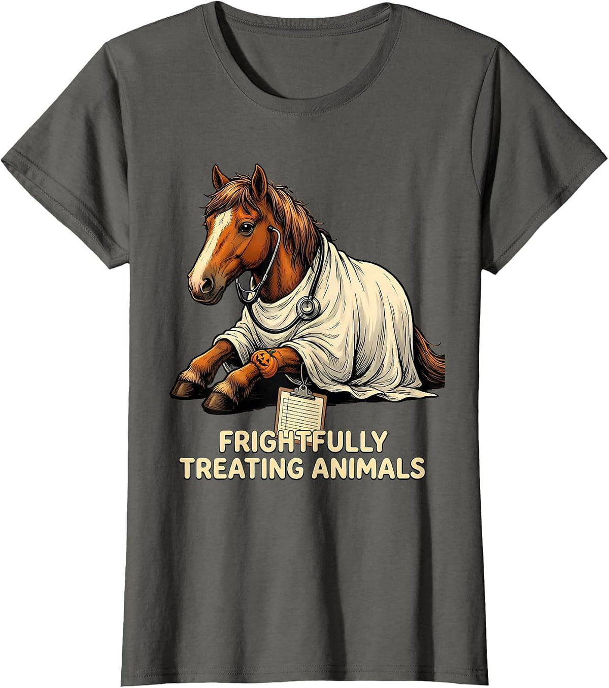 Women's Frightfully Treating Animals Funny Vet Tech Halloween T-Shirt - Asphalt Grey