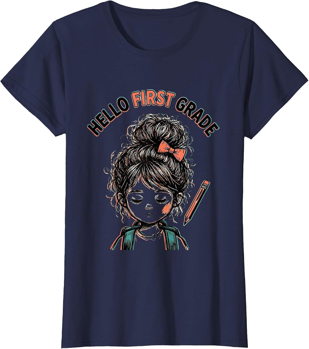 Women's Hello First Grade Back To School Messy Bun Girl Humor T-Shirt - Navy Blue