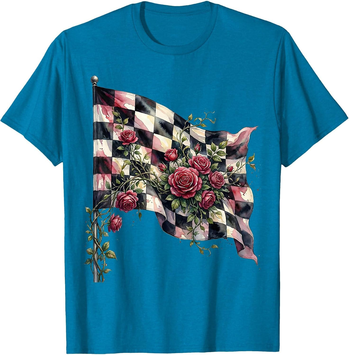 Derby Floral Checkered Flag Climbing Roses Design T-Shirt - Sapphire Blue