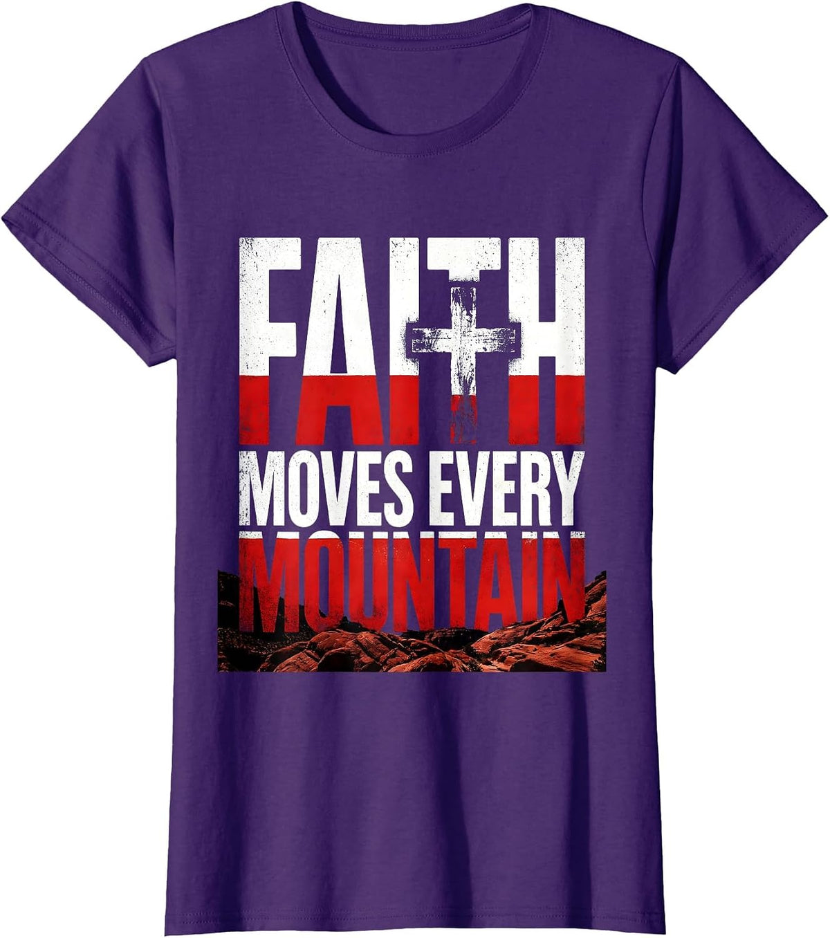 Women's Faith Over Fear Distressed Cross Mountain Design T-Shirt - Purple