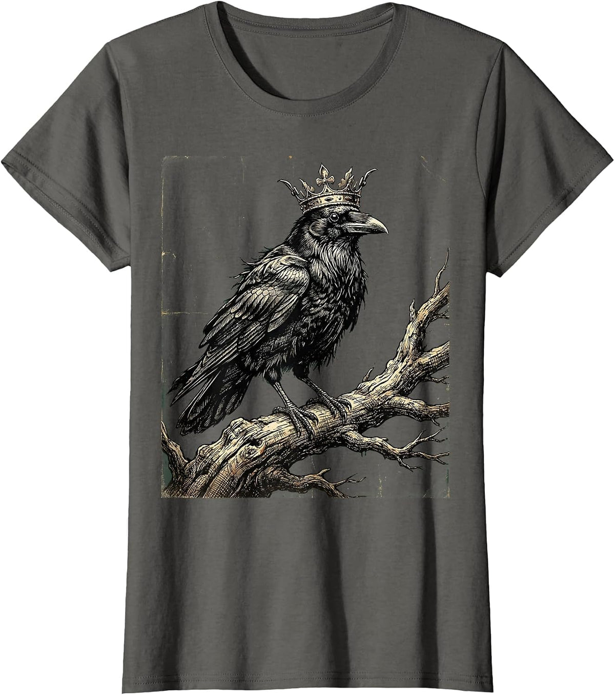 Women's Crow Wearing a Tiny Tattered Crown Illustration T-Shirt - Asphalt Grey