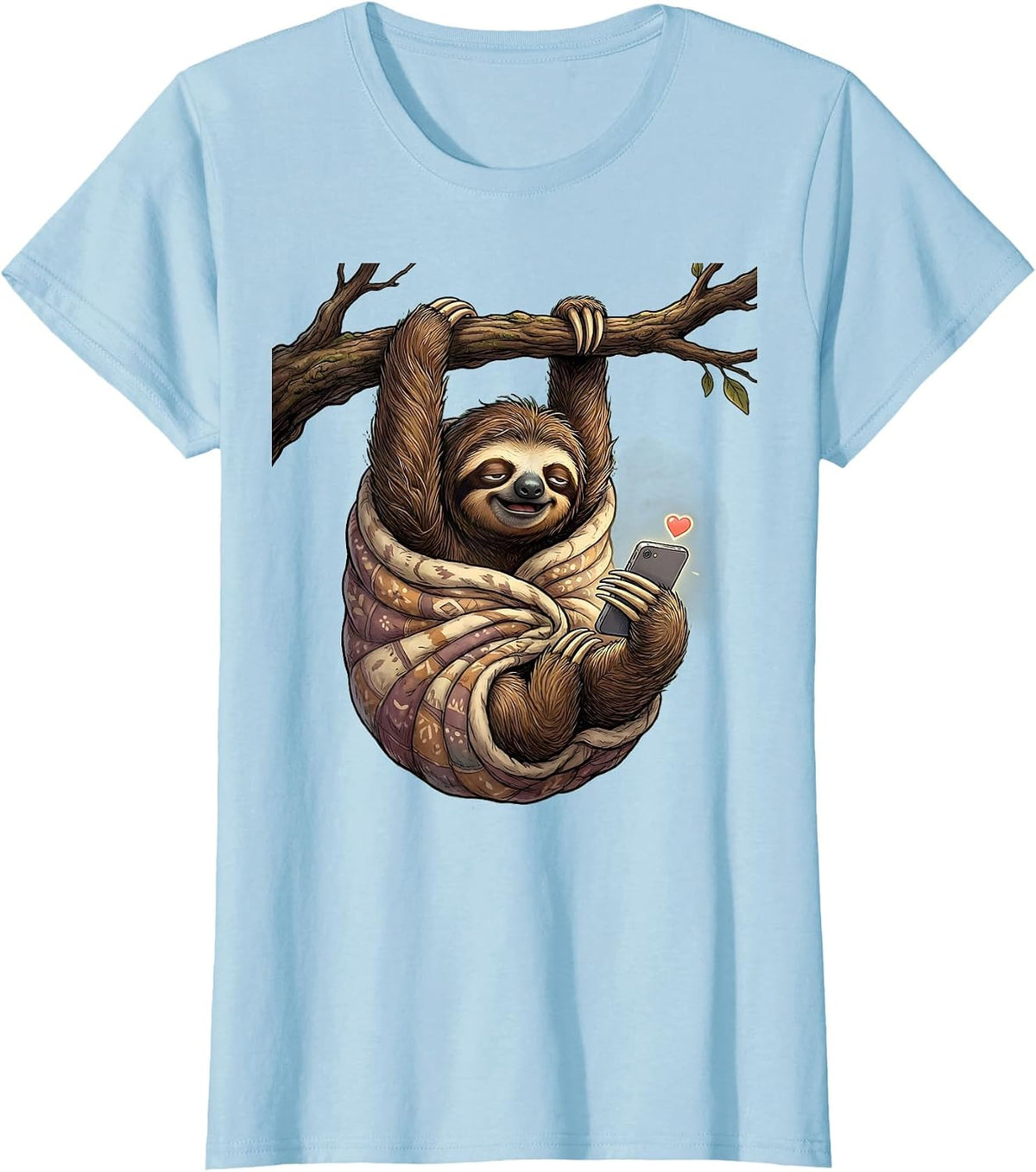 Women's Sleepy Sloth Cozy Blanket Phone Funny Graphic T-Shirt - Baby Blue