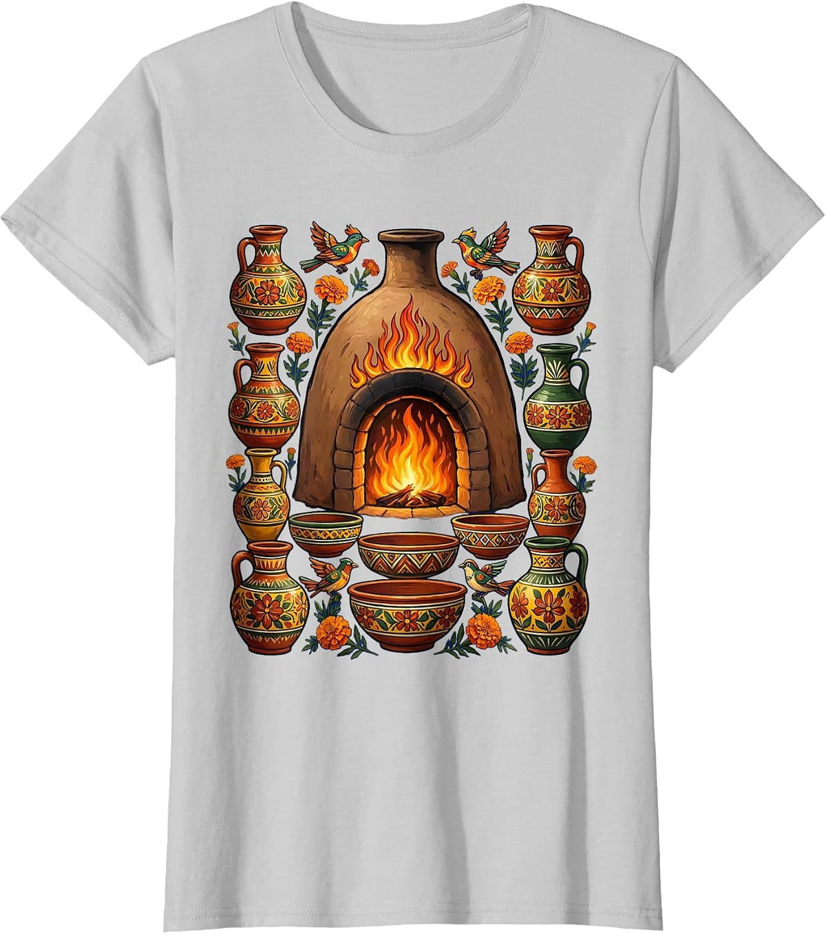 Mexican Pottery Kiln Clay Vessels Graphic T-Shirt - Silver Grey