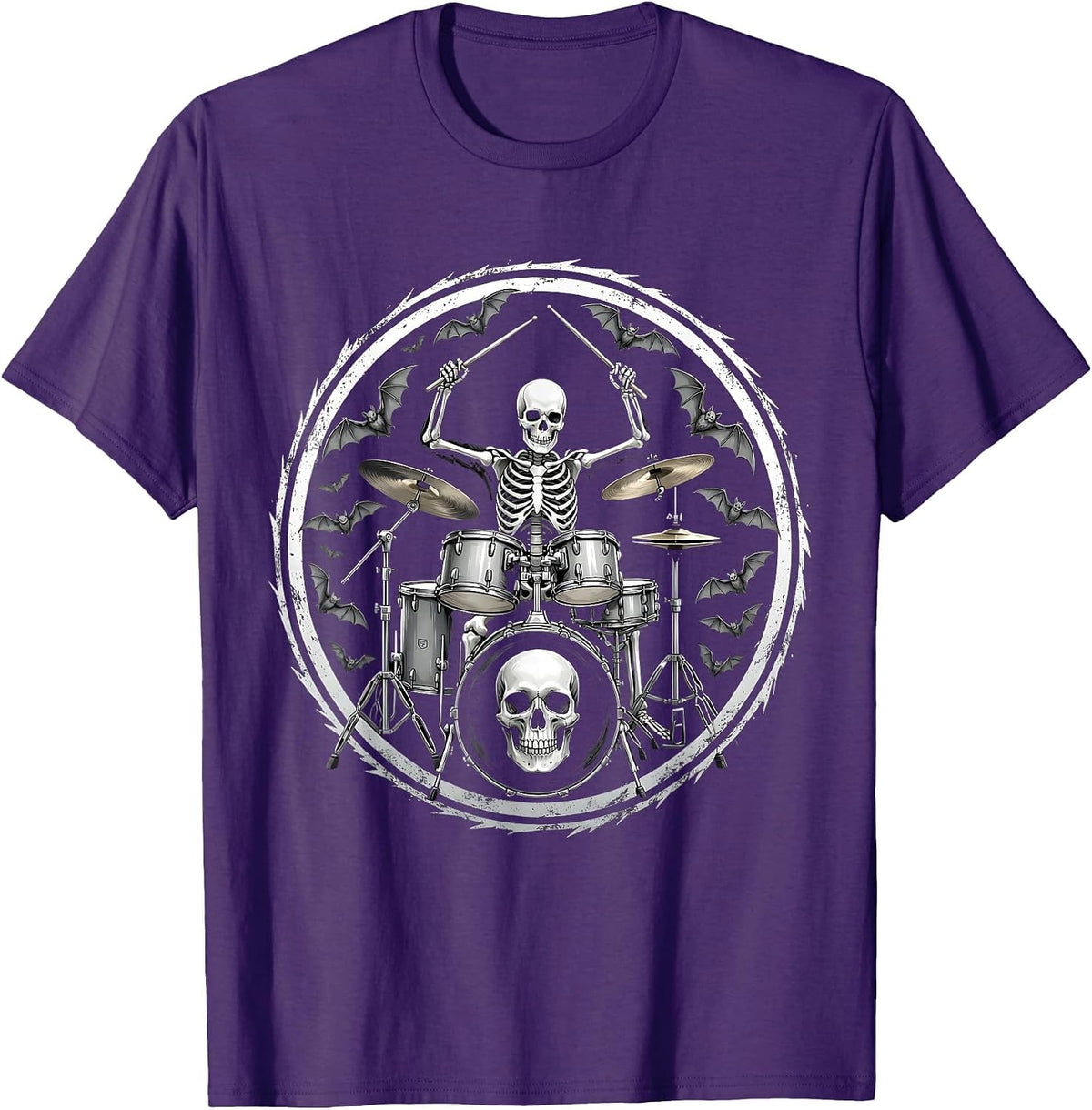Skeleton Drummer Halloween Bats Graphic T-Shirt - Purple